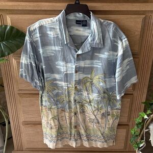 Cherokee Blue and Green Palm Tree Casual Button Up Shirt
